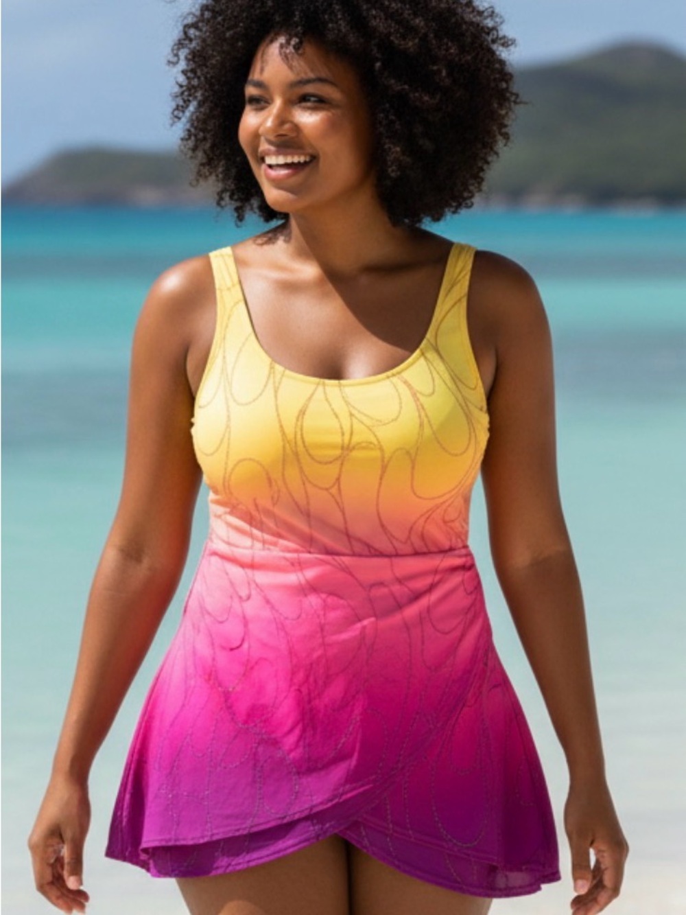 Women's Ombre Yellow to Pink Swimdress by Islander Size 18